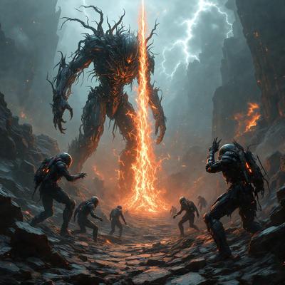The primary subject of the image is a group of people, likely aliens, standing in a dark and ominous environment. They appear to be facing a large, fire-spewing monster, which is the main focus of the scene. The setting is a rocky, cave-like area with a sense of danger and unease. The visual style of the image is a digital art or illustration, with a dark and dramatic atmosphere. The colors are predominantly dark, with the fire from the monster being the main